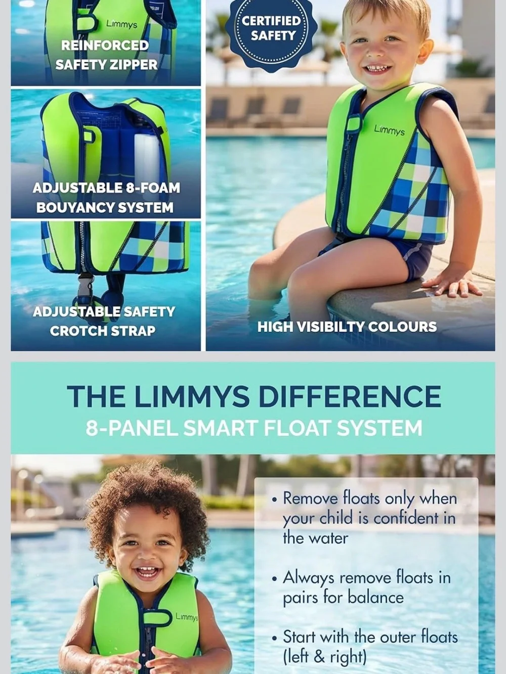 Kids Swim Vest in Neon Green & Blue Plaid Limmy’s